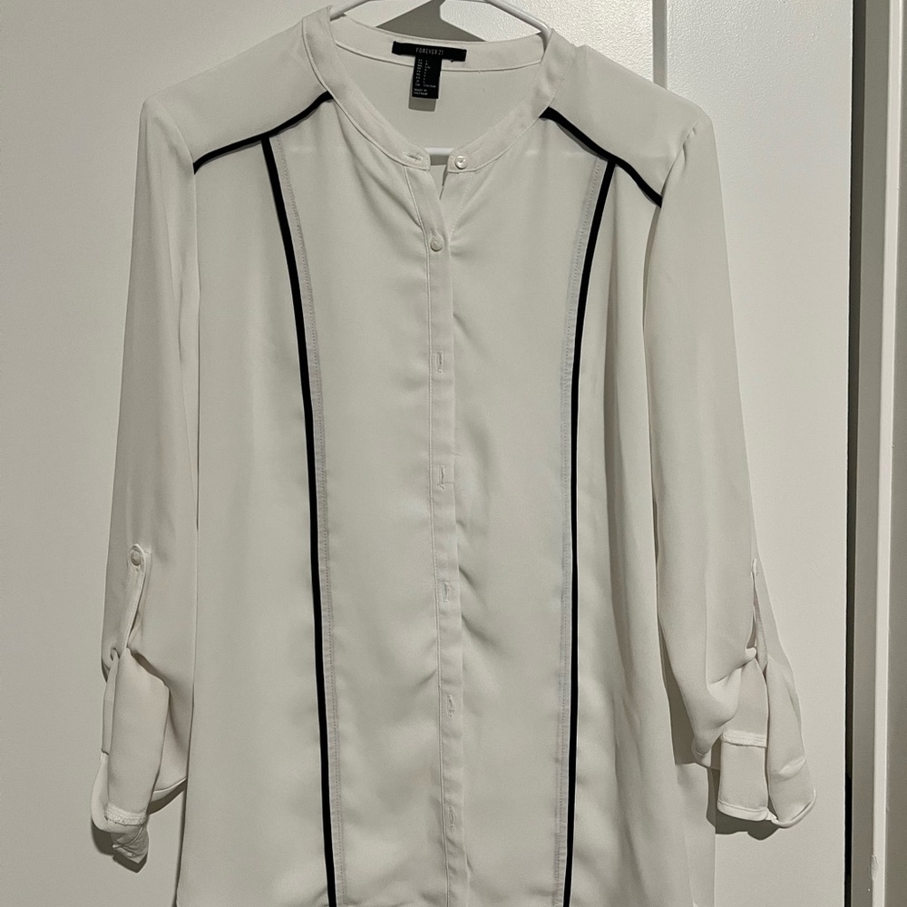 Forever 21 White Button-Front Top with Black Trim